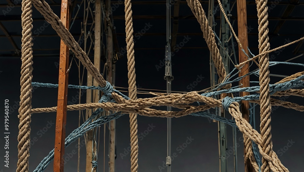 Poster central connection concept with diverse ropes linked to a central support structure.