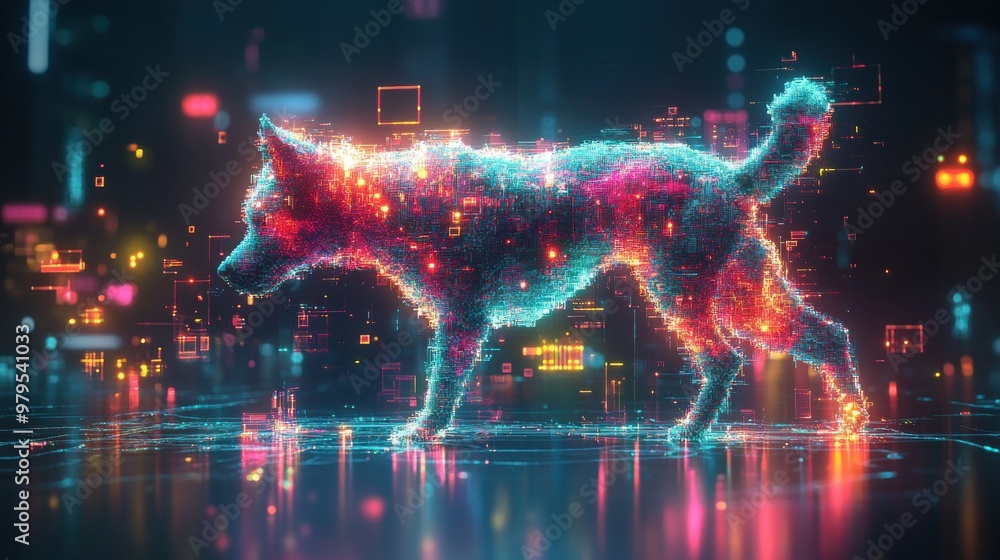 Canvas Prints Digital Dog in Neon Cityscape