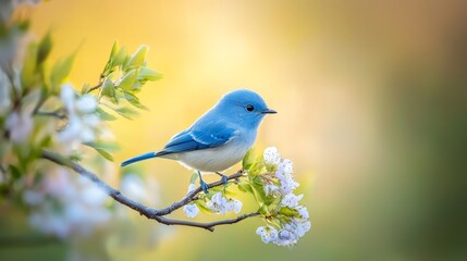 Obraz premium Blue bird perched on tree branch with white flowers nearby against softly blurred yellow backdrop