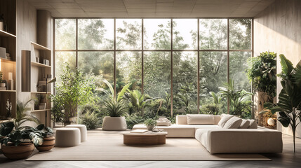 Fototapeta premium A minimalist biophilic living room with floor-to-ceiling windows, neutral-colored furniture, and an array of potted plants, creating a balance between modern design and natural elements. 