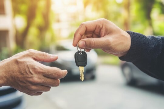 car seller gives the keys to new automobile owner or car rental customer gets the keys - rent-a-car or vehicle ownership concept