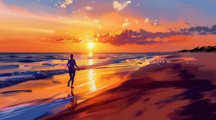 Illustration of a person jogging along the beach at sunrise, Stay young, Healthy and happy
