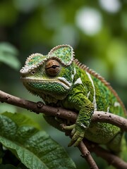 Chameleon blending with green leaves.