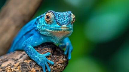 A tight shot of a blue lizard perched on a tree branch against a hazy backdrop of greenery