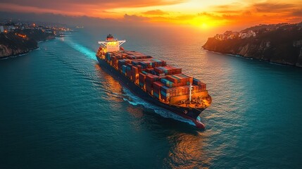 A large container cargo ship travels over calm, Business and shipping cargo containers by special large shipping vessels service industry.
