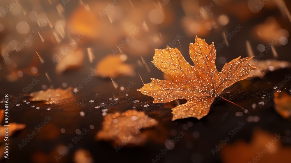 Wall mural a tight shot of a wet leaf on a table, water droplets clinging to its surface, backdrop of surroundi