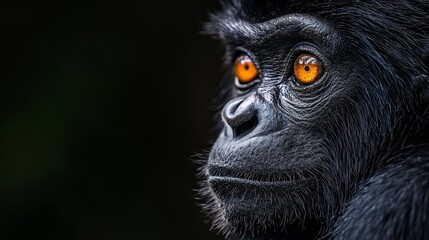 Obraz premium A tight shot of a monkey's face with vivid orange eyes against a softly blurred background