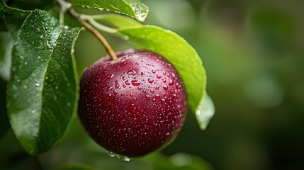 Obraz premium Red apple with water droplets on branch against green leafy backdrop