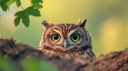  A tight shot of an owl perched on a tree branch, with another branch extending closer to the frame