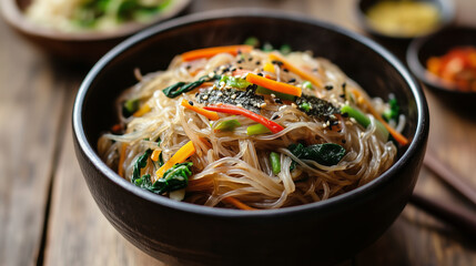 Spicy japchae with vegetables and sesame