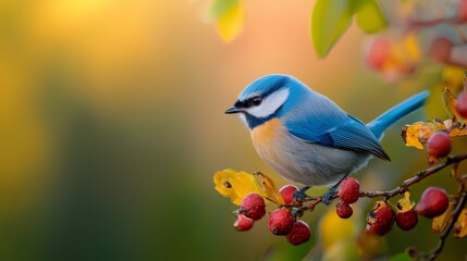 Obraz premium A bluebird perched on a tree branch, laden with berries, against a softly blurred background