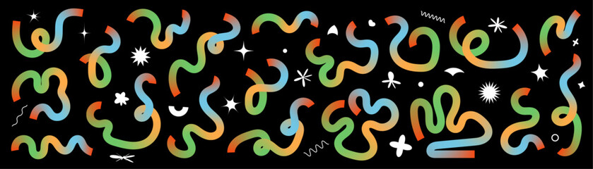 Obraz premium Set of abstract liquid doodle elements in neon colors. Minimalist curved gradient ribbons for creating modern designs.