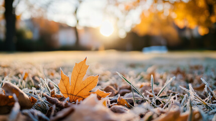 The garden is quiet in late autumn.  Dry, frozen grass and a fallen leaf are close up, with a blurry background.  The colors of fall create a beautiful landscape, even though the weather is cold.