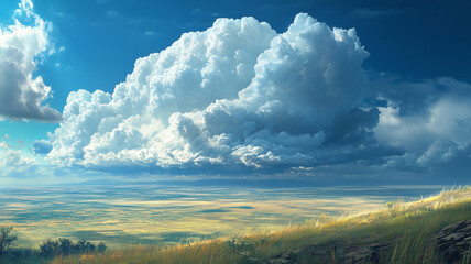 A vast landscape with golden grass fields stretches into the distance under a brilliant blue sky