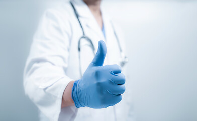 Close up medical worker hand in blue glove isolated on white background, medicine and treatment...