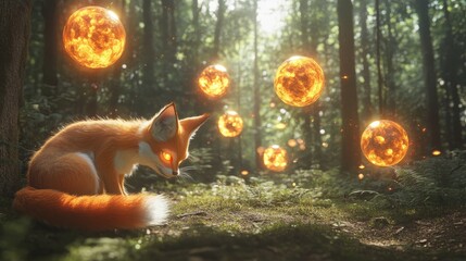 Mischievous Kitsune playing with floating fireballs in a whimsical forest clearing with a playful expression