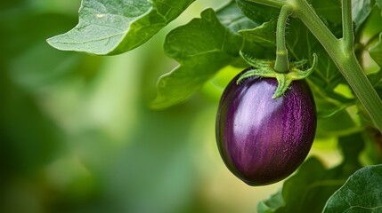  A tight shot of a purple eggplant on a plant, surrounded by green leaves, with a softly blurred background