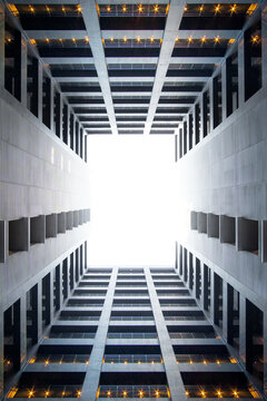 View of modern architecture with symmetrical rectangular design in the soho shared working space, koto city, tokyo, japan.