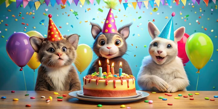 Adorable anthropomorphic animals, including a smiling rabbit, happy monkey, and curious cat, gather around a colorful birthday cake, surrounded by balloons and confetti.