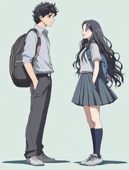 Fototapeta premium High School Couple in Uniform: Tall Boy with Black Hair and Short Brown Curly-Haired Girl with Open Backpack, Anime Style