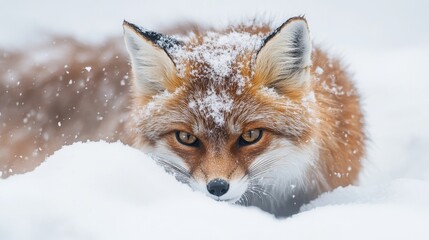 Obraz premium Enigmatic Kitsune: Mystical Fox in Snowy Wilderness with Piercing Gaze