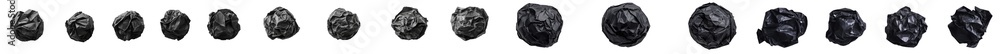 Poster this is a collection of black crumpled crushed scrunched paper ball cutouts on a transparent backgro