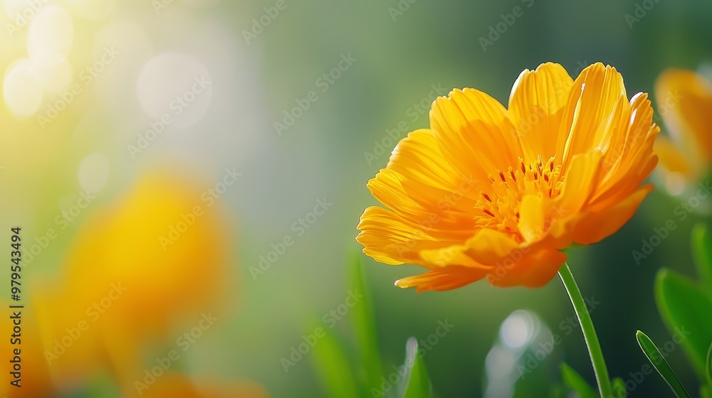 Poster a tight shot of a sunlit yellow bloom amidst a verdant sea of grasses, with sunlight filtering throu