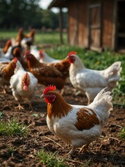 Chickens roaming on a traditional farm.