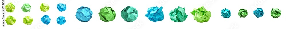 Poster the collection includes turquoise blue green crushed scrunched paper balls cutouts on transparent ba