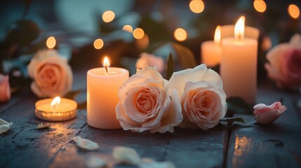 Flickering candles and delicate roses set the stage for a romantic evening, with their soft light creating a dreamy ambiance.