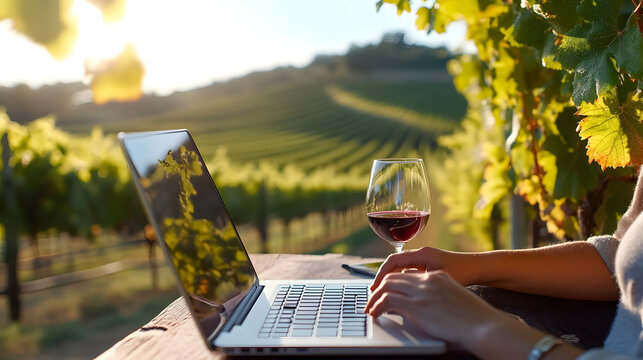 Freelancer at a sunny vineyard, typing on a laptop with a glass of wine and scenic views