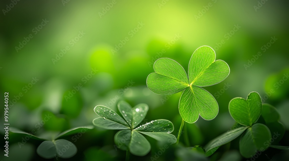 Sticker four clover leaves, each nestled atop a verdant field, feature tiny water droplets glistening on the