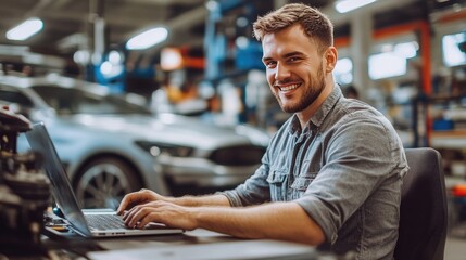 Smiling Mechanic Working on Laptop in Auto Repair Shop with Modern Car Parts Store in Background
