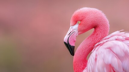  A pink bird with a long neck and bill, featured in a close-up shot against a softly blurred background