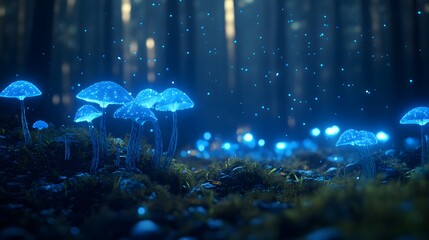 Glowing blue mushrooms in a dark forest at night, with a starry sky and glowing plants on a mossy ground