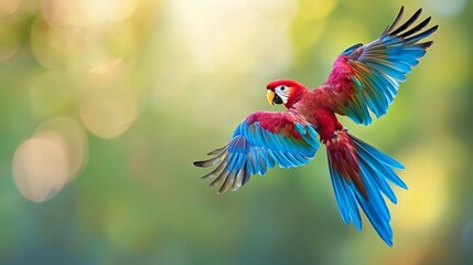  A red-and-blue parrot flies with sprawled wings