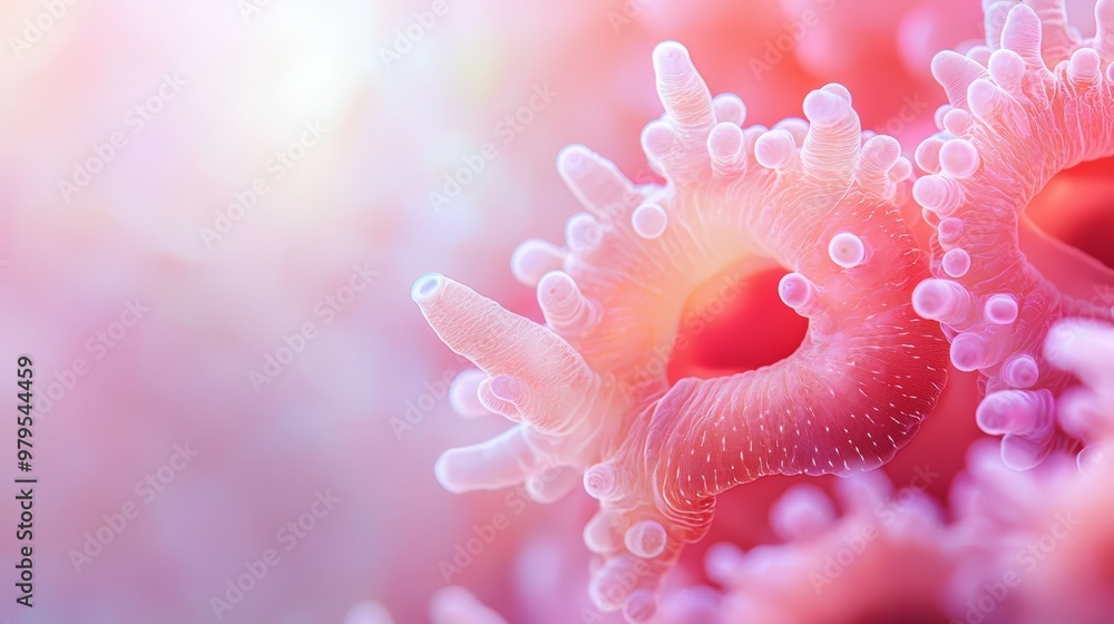 Poster close-up of a sea anemone with water droplets on its body against a pink background