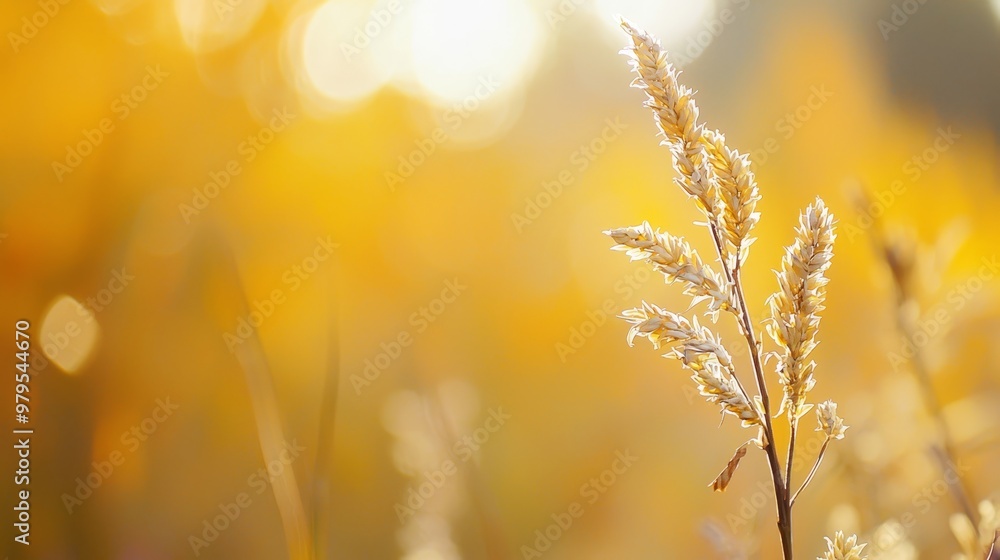 Poster a tight shot of a plant in a field, sun illuminating leaves against blurred grass and indistinct sun