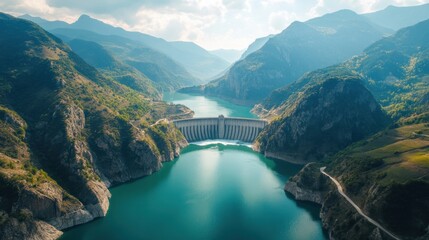 Aerial view of a vast hydroelectric dam nestled between two mountain ranges, with water flowing beneath it.