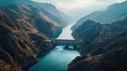 Obraz premium Aerial view of a vast hydroelectric dam nestled between two mountain ranges, with water flowing beneath it.