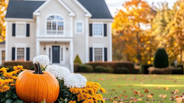 Vibrant orange and white pumpkins are artfully arranged with colorful mums on the porch steps of a house, showcasing a charming fall decoration theme