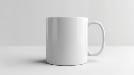 A photorealistic mockup of a classic white ceramic coffee mug with a sleek handle