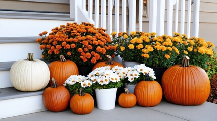 Vibrant orange and white pumpkins are artfully arranged with colorful mums on the porch steps of a house, showcasing a charming fall decoration theme
