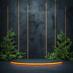 A black and orange background with a round stage with a green tree on it