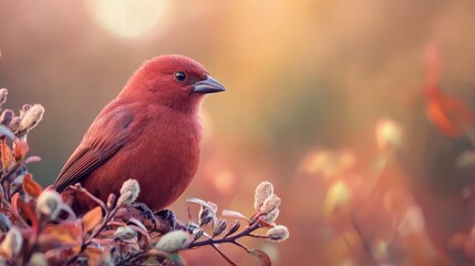 Fototapeta premium A red bird perches atop a tree branch, surrounded by leaves and nearby berries Background softly blurred