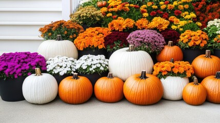 Vibrant orange and white pumpkins are artfully arranged with colorful mums on the porch steps of a house, showcasing a charming fall decoration theme