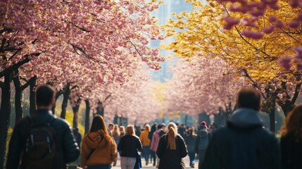 Cherry Blossom Park Stroll, a vibrant urban park adorned with blooming cherry trees, people leisurely walking, enjoying the serene beauty of nature in a bustling city setting