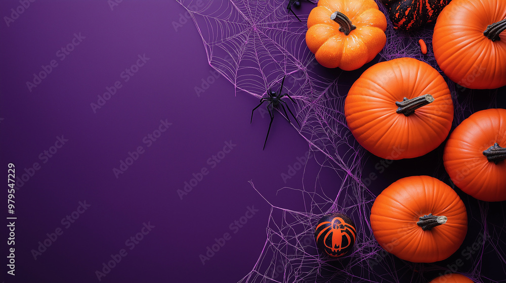 Wall mural purple background with white spider webs and orange pumpkins, space for copy. halloween holiday card