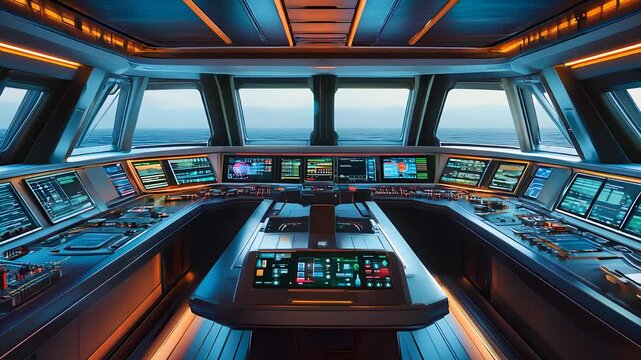 Futuristic ship's bridge with cutting-edge navigation and control systems in a high-tech vessel environment