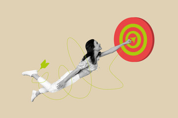 Composite trend artwork 3D sketch image photo collage of arrow show direction young lady fly...